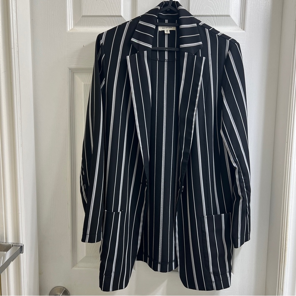 Max Studio Pinstripe Black White Striped Pattern Long Sleeve Long Blazer